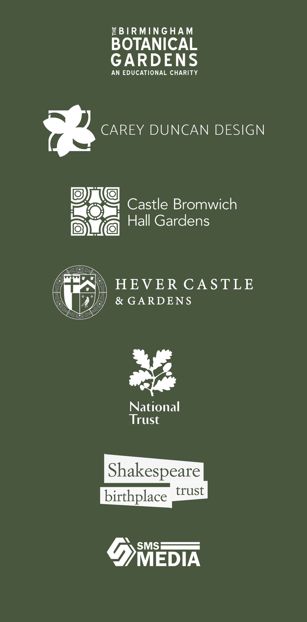 Our Supporters: Birmingham Botanical Gardens; Carey Duncan Design, Rabat; Castle Bromwich Hall Gardens; Hever Castle Gardens; Shakespeare Birthplace Trust; National Trust; and SMS Media.