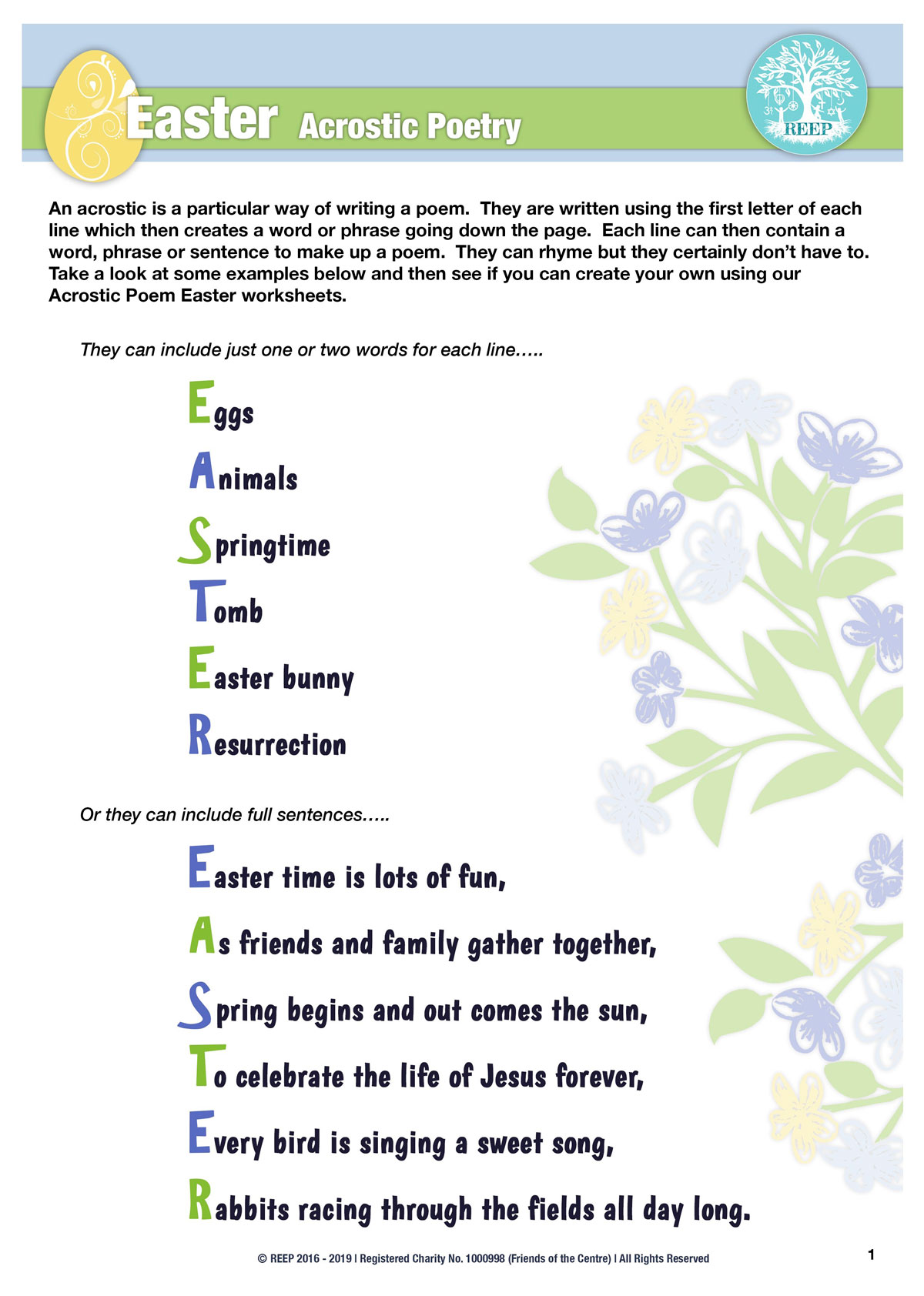 Easter Acrostic Poem REEP Easter Activities